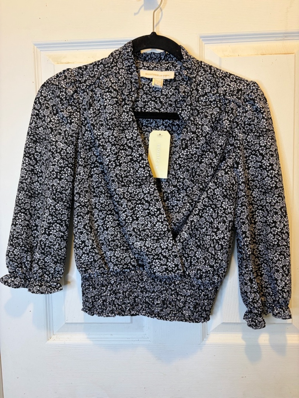 Monteau Black and White Floral Wrap-Style Blouse